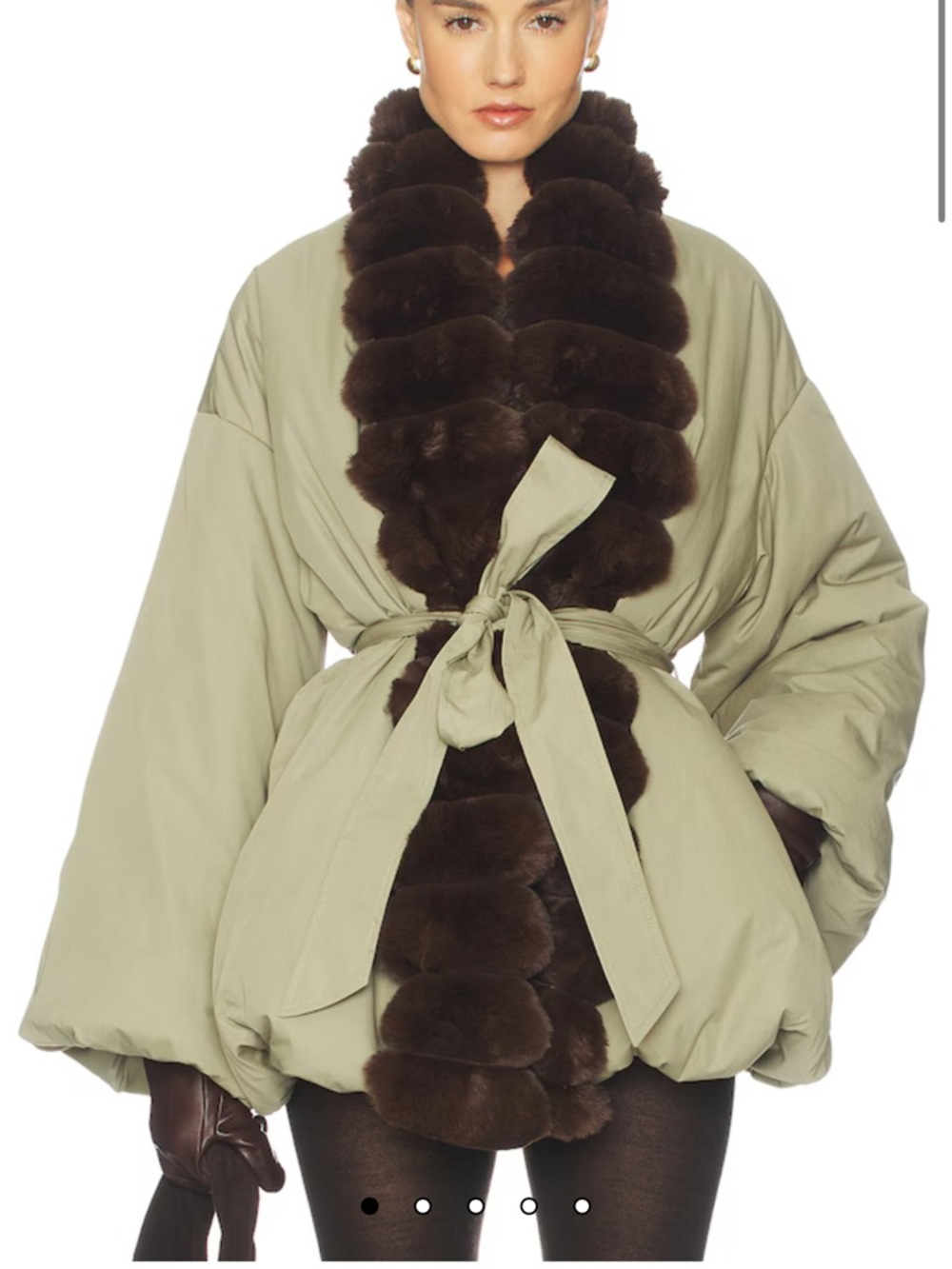 Tie-Waist Robe Jacket with Plush Dark Brown Trim in Olive